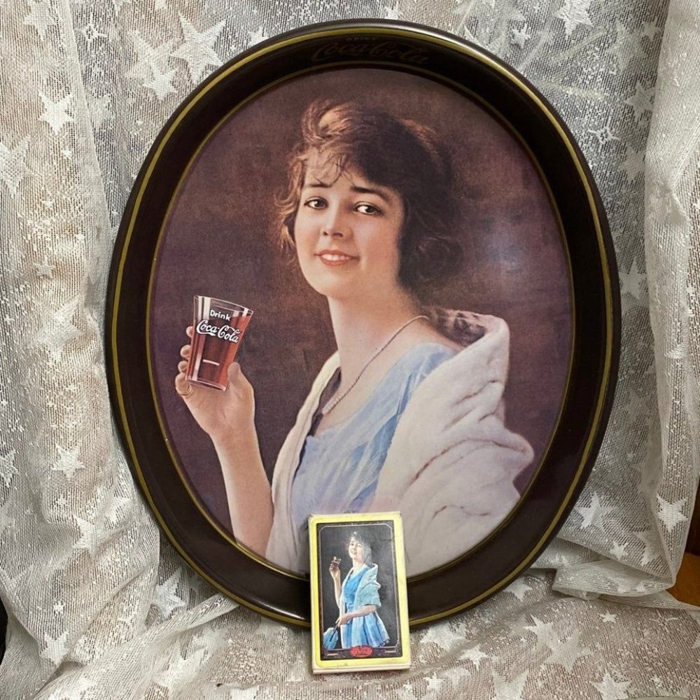 Vintage 1983 Coca-Cola Coca Cola Coke Tin Tray cards Woman‎ Lady Drinking Oval